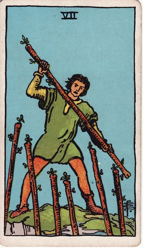 Seven of Wands tarot card from the Rider-Waite deck (1909, public domain)