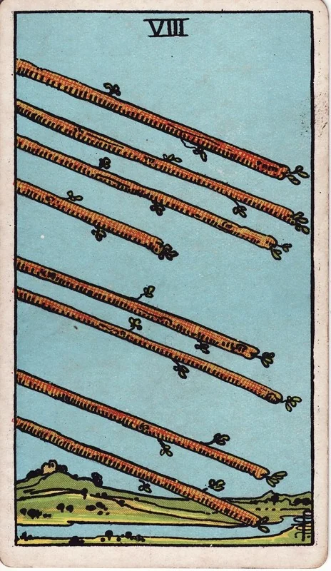 Eight of Wands tarot card from the Rider-Waite deck (1909, public domain)