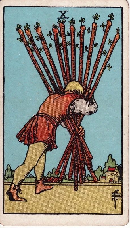 Ten of Wands tarot card from the Rider-Waite deck (1909, public domain)
