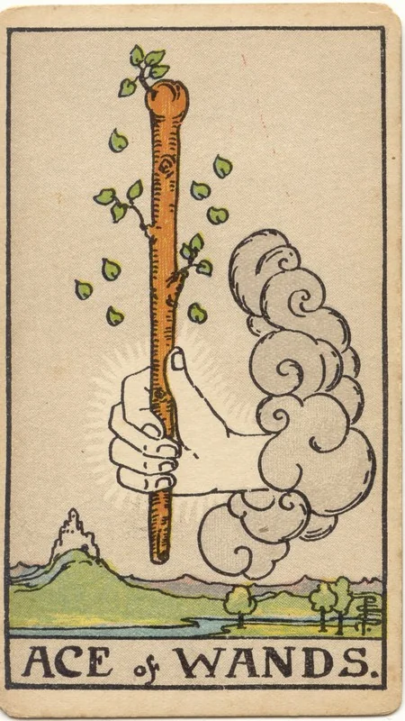 Ace of Wands tarot card from the Rider-Waite deck (1909, public domain)