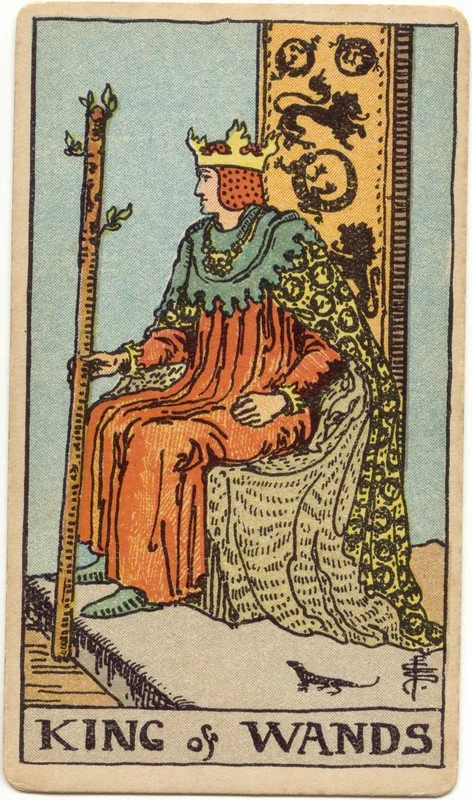 King of Wands tarot card from the Rider-Waite deck (1909, public domain)