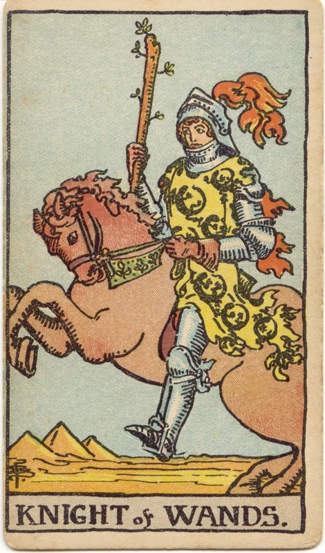 Knight of Wands tarot card from the Rider-Waite deck (1909, public domain)