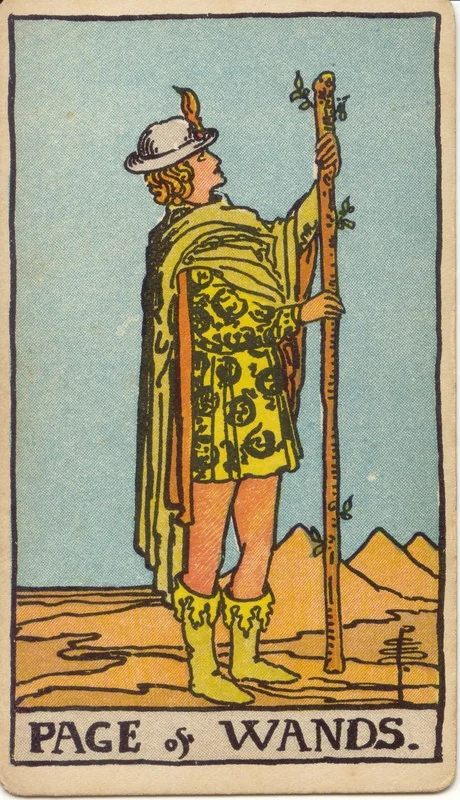 Page of Wands tarot card from the Rider-Waite deck (1909, public domain)